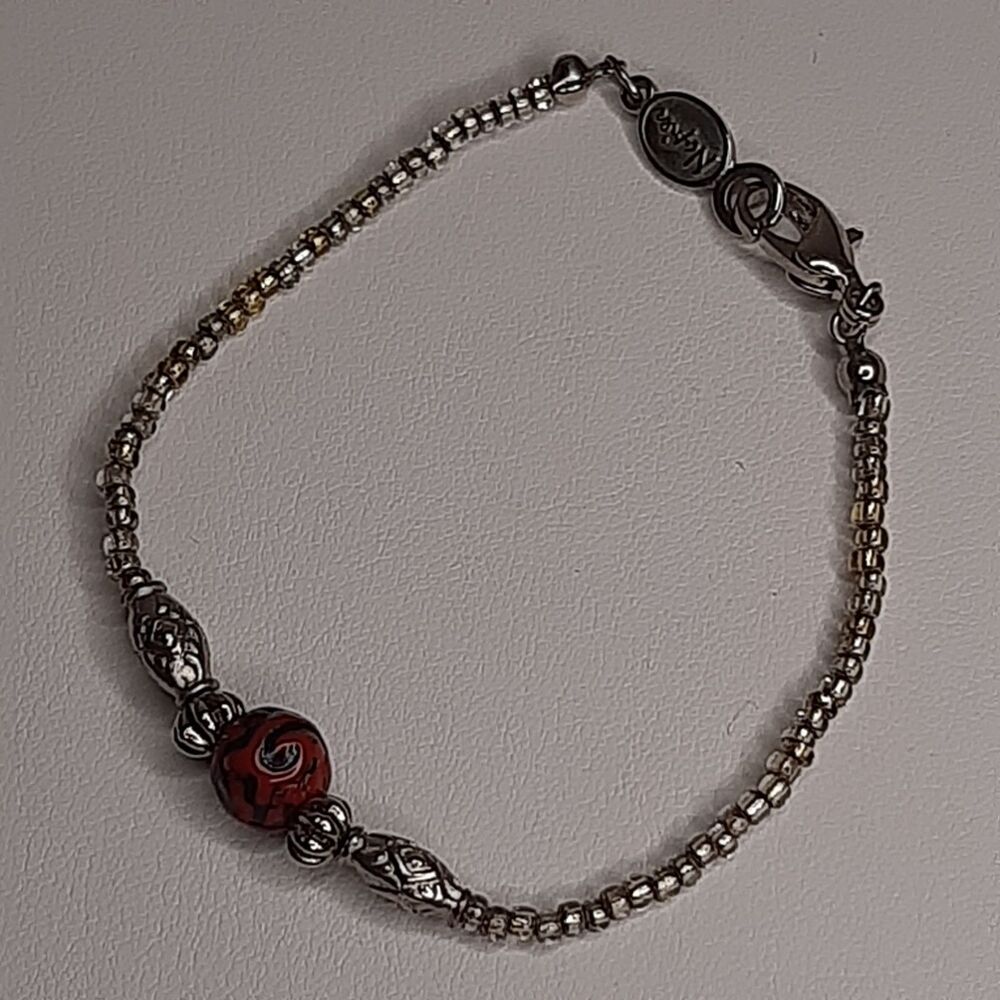 Vtg Napier Silver-Tone Red bead 7" bracelet signed lobster-claw